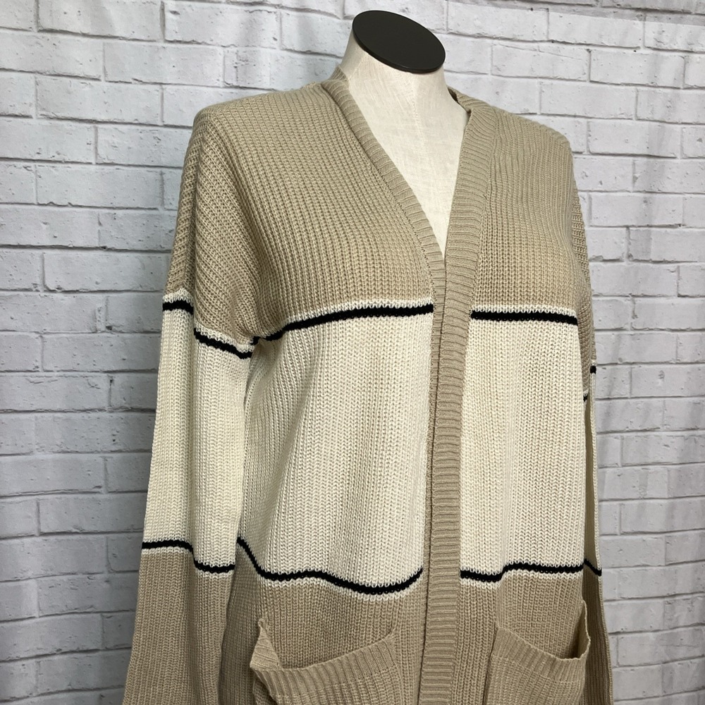 Sanctuary Duster Cardigan Sweater XL Striped Cream Black Tan Longline